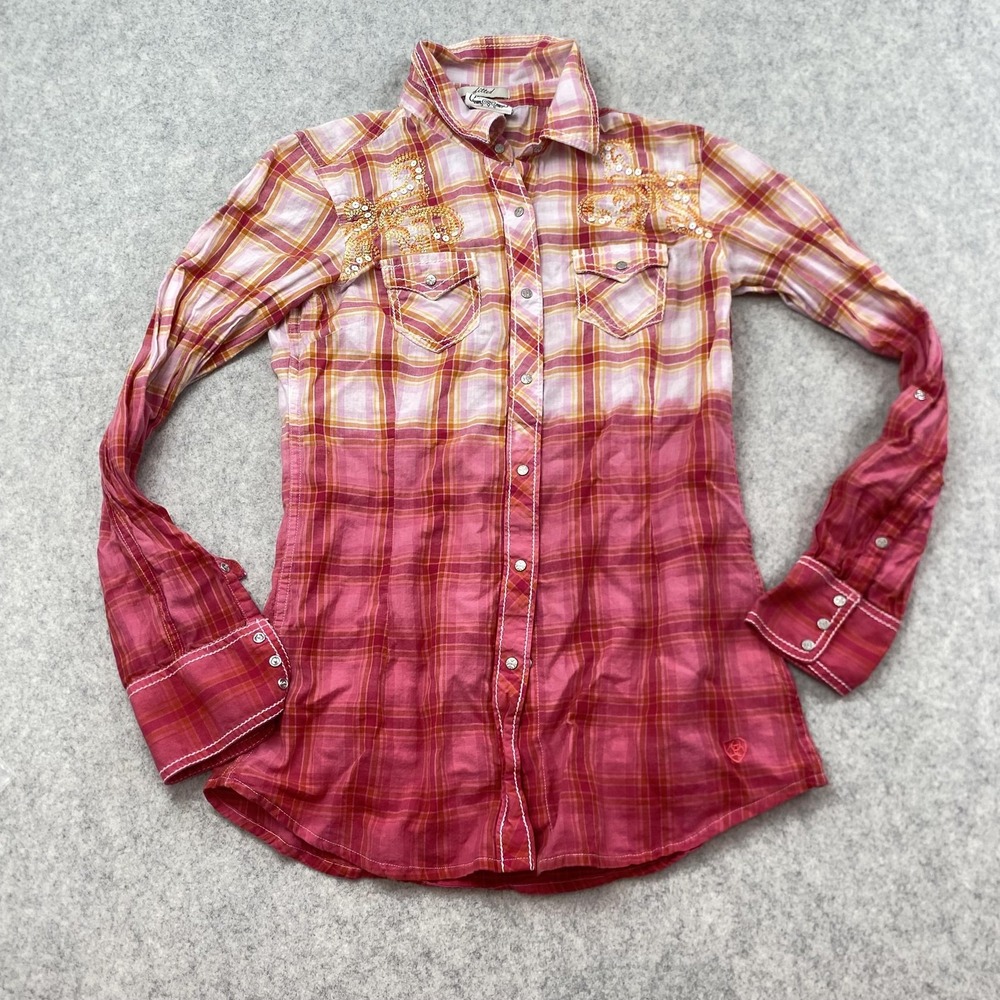 Ariat Shirt Womens Small P Pink Plaid Snap Front Sequin Embroidered Western Top